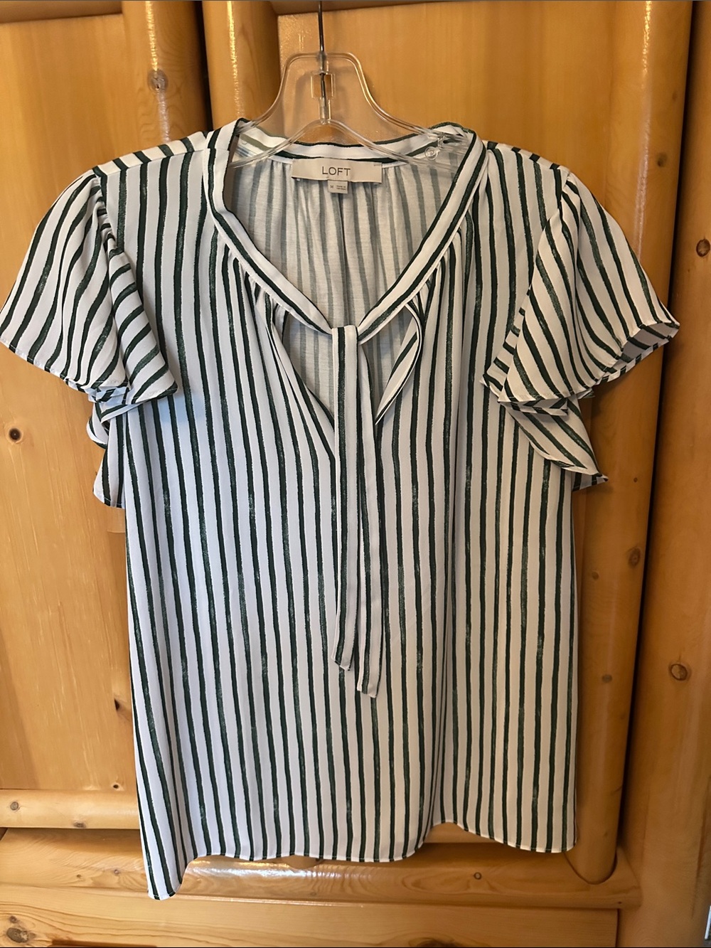 LOFT Green and White Vertical Stripe Tie-Front Flutter Sleeve Blouse